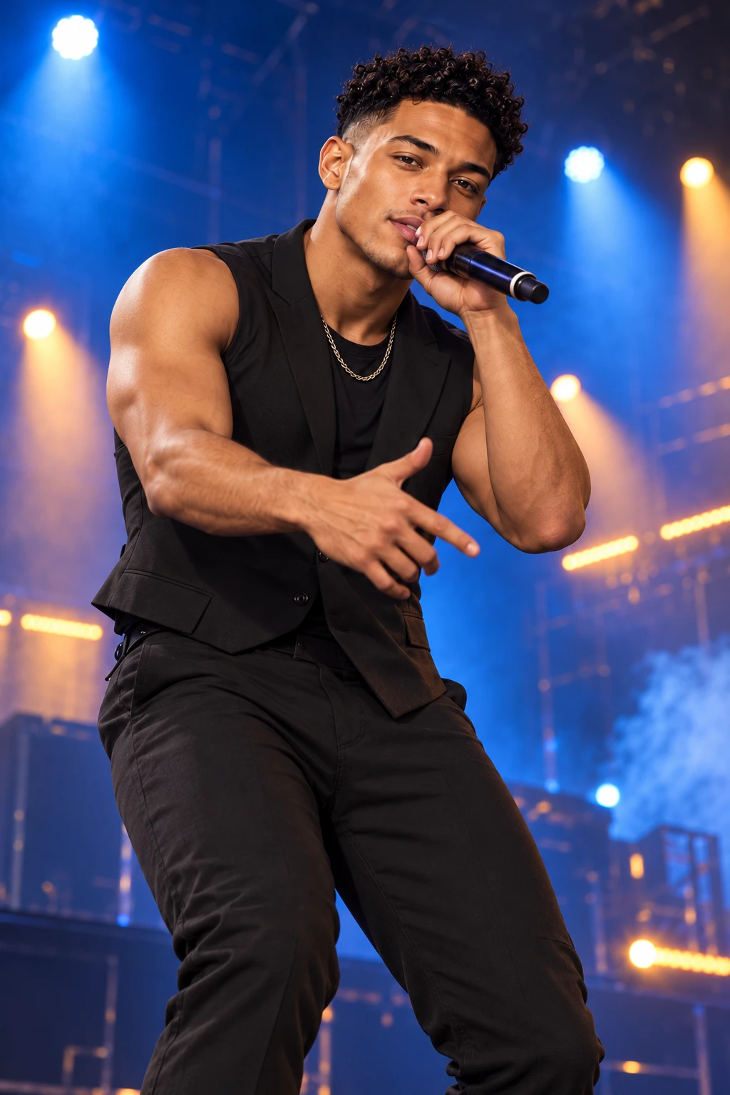 Havoc Rayne performing with a microphone beneath blue and gold stage lights